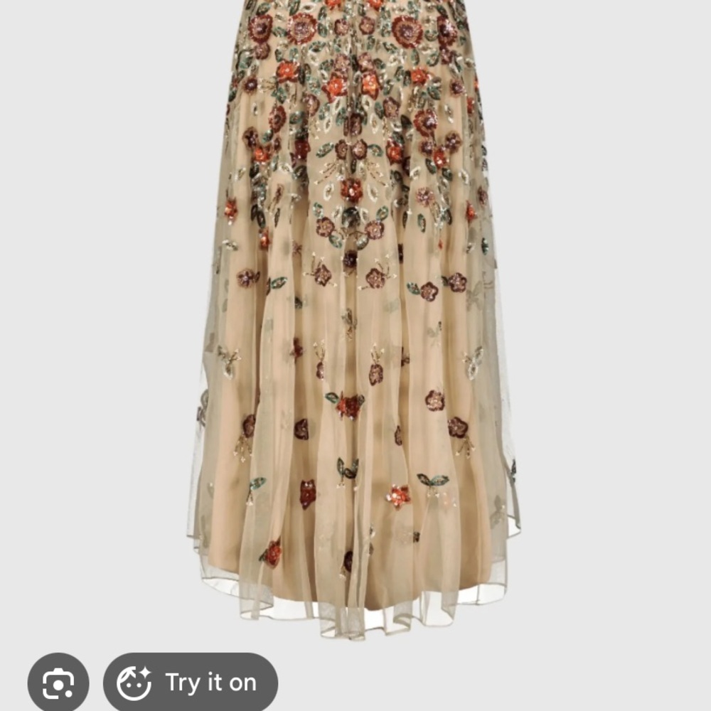 Mac Duggal Beaded Floral Chiffon Skirt in Nude with Red & Green Embroidery